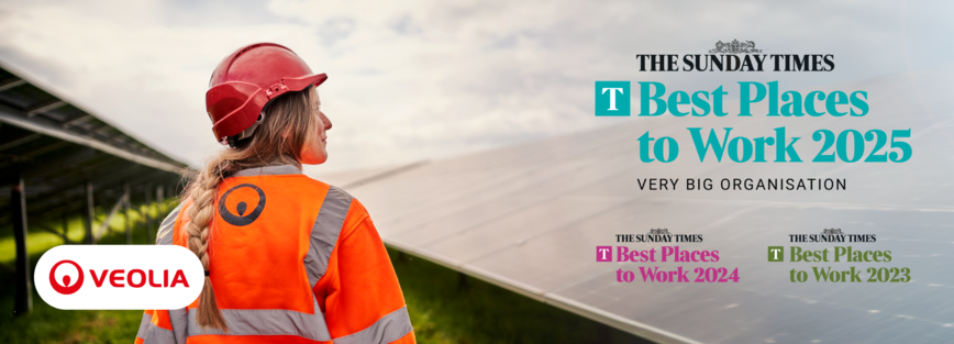 An image of a person in orange hi-viability clothing with the caption: A Sunday Times Best Place to Work